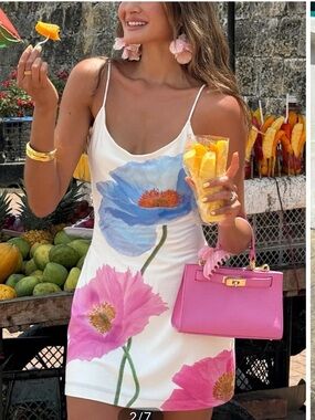 NWT Commense White Slip Dress with Pink & Blue Floral Print